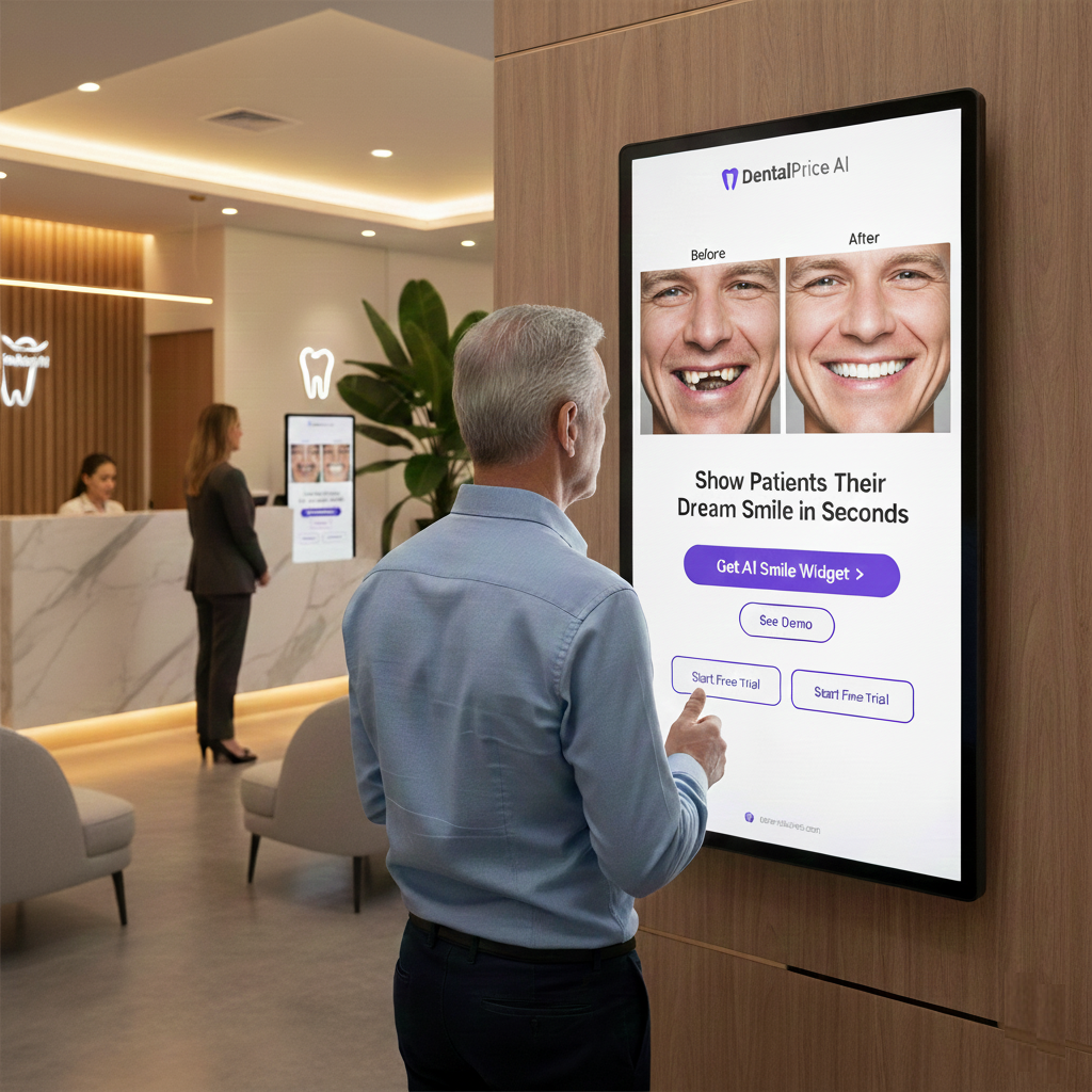 AI Smile Widget on touchscreen in dental office waiting area